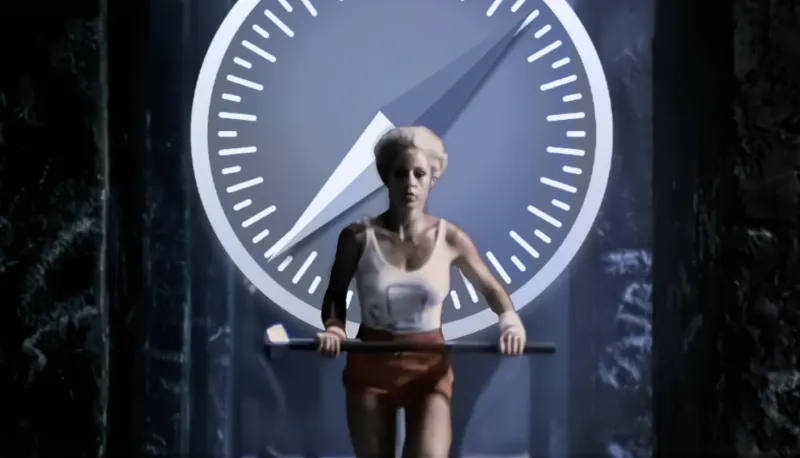 The woman for the 1984 Apple ad with the safari logo in the background