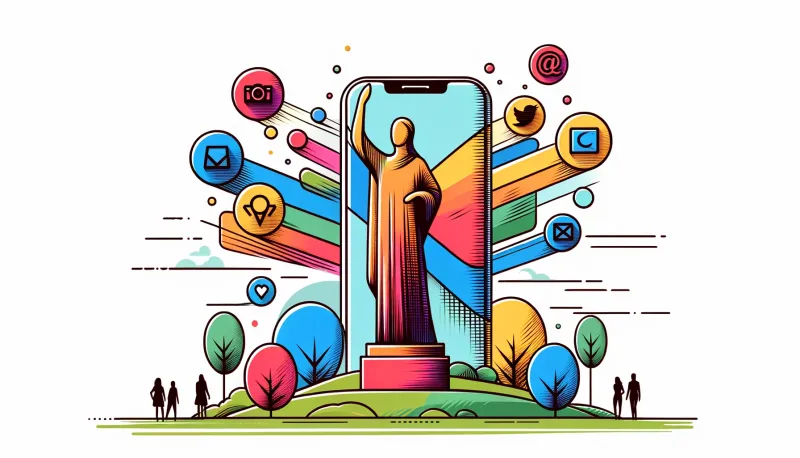 A statue at the center on a phone, surrounded by icons of differents applications